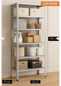 Resim 6 Katlı Galvaniz Çelik Raf - Depo, Arşiv, Kiler, Dosya, Market Rafı 31x93 Cm-200 Cm-0.70 Mm Gri 