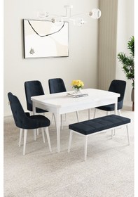 Resim Mabel Beyaz Desen 80x132 Mdf Açılabilir Mutfak Masası Takımı 4 Sandalye 1 Bench Antrasit 