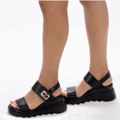 Resim TwoEgoist Kadın Hakiki Deri Sandalet Siyah Kalın Tabanlı 7,5 Cm Dolgu Topuklu Spor Günlük Sandalet 
