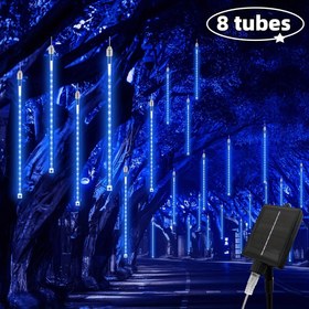 Resim 1 set 8 tüp 192LED güneş enerjili açık hava meteor yağmuru Noel ışığı, yağmur ışığı güneş ışığı, su geçirmez, Şükran Günü Cadılar Bayramı dekoratif ışık, avlu dekorasyonu mavi sıcak renk beyaz renk 