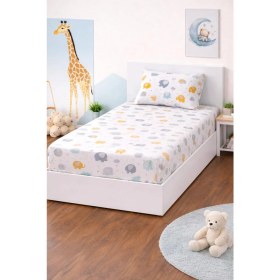 Resim Assess Store Lastikli Çarşaf Lüks%80 Pamuklu Tek Kişilik Takımı Çocuk Ayı Desen +1 Adet%80 Pamuklu Hayavan-Fil Desenli Yastık Kılıflı 