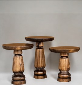 Resim AYLESA Doğal Ahşap 3’lü Set Mantar Yan Sehpa Modern Ceviz Renk Fiskos Zigon Çiçeklik 