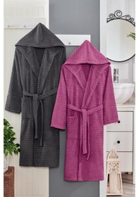 Resim Doğa Serisi Kapüşonlu Aile Bornoz Seti 2li Set Antrasit-mürdüm 