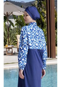 Resim Mayom Tam Kapalı Crop Model Mavi Desenli Tesettür Mayo - 2525 Lacivert-mavi 