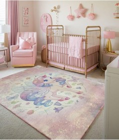 Resim Çocuk Odası Halısı Unicorn Desenli Pembe Mor Dijital Baskı Kaymaz Makinede Yıkanabilir Kız Oyun Halı Pembe 