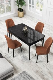 Resim Canisa Par Serisi 70x114, Açılabilir Mdf Yemek Masası Siyah Mermer Desen Masa Ve 4 Kiremit Sandalye Takımı 