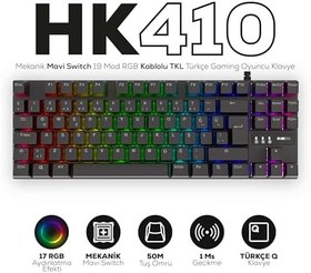 Resim Hawk Gaming HK410 Mekanik Switch 19 Mod RGB Kablolu Siyah TKL Türkçe Gaming Klavye (Mavi Switch) 