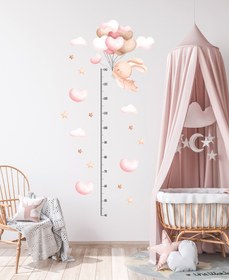 Resim Kalpli Uçan Balonlu Sevimli Tavşan Bulut ve Yıldızlar Boy Ölçer Çocuk Odası Duvar Sticker - 55x37 cm / Renkli / Boy Ölçer 