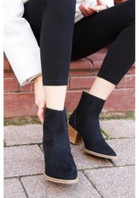 Resim Shoetek Eliana Kadın Bot Kalın Topuklu Arkadan Fermuarlı Siyah Süet Siyah Suet Siyah 