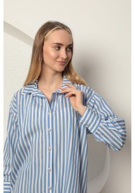 Resim Chıcnhappy Poplin Kalın Çizgi Kadın Gömlek Mavi-mavi Mavi 
