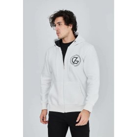 Resim Marsilyan Erkek 3 Iplik Pamuklu Fermuarlı Kapüşonlu Kanguru Cepli Baskılı Hoodie Hırka Sweatshirt - Beyaz 