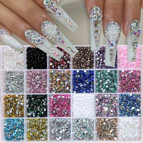 Resim 24 Izgaralı Tırnak Sanatı Düz Sırtlı Reçine Taşlar, 24 Renkli 2/3/4mm Reçine Seti, Manikür Süsleme için DIY Takı Aksesuarları, DIY Moda Ayakkabılar, Giysiler ve Çantalar için Uygun Renkli Kutulu 