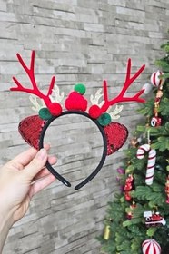 Resim Yılbaşı Tacı Minik Şapkalı Geyik Boynuzlu Taç Lüks 
