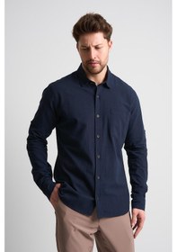 Resim Alexandergardı Uzun Kollu Katlanabilir Kol Erkek Keten Gömlek Eg-1842-02 Lacivert 