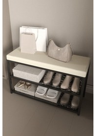 Resim Aju Ayakkabılık Puflu Süngerli Oturaklı Metal Ayakkabı Rafı Modern Vestiyer Baklavalı Metal Tasarım Benc Krem 