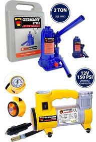 Resim Germany Style 2 Ton Şişe Kriko ve 12 v 150 Psı Çakmaklı Araç Kompresörü Her Araçta Olması Gereken Se 