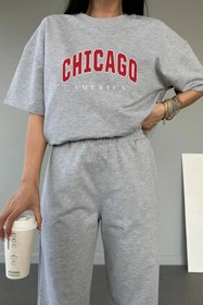 Resim aynewmoda Chicago Baskılı Eşofman Altı Ve T-shirt - Jogger Tişört Alt Üst Eşofman Takımı Bisiklet Yaka 