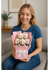 Resim Sevgiliye Doğum Günü Özel Günler İçin Romantik 5 Li Sevimli Bej Peluş Ayıcıklar Buketi Sürpriz Hediye Renkli 