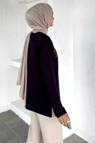 Resim Taşlı Tesettür Anne Penye Bluz Mor TZL-P-00021461 