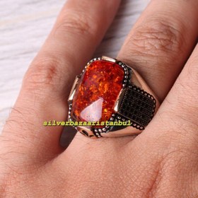 Resim Mens Original Onyx and Amber Stone Exclusive 925 Sterling Silver Ring - US: 5 / 50 mm / Turk: 10 