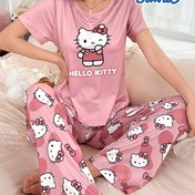 Resim Sanrio Kadınlar için Hello Kitty Karikatür Desenli Yuvarlak Yaka ve Şortlu Sevimli Günlük Pijama Takımı 