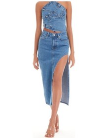 Resim 2094 Kadın Likrasız Yandan Yırtmaçlı Jeans Kot Denim Etek Mavi 