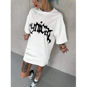 Resim Nemere Bisiklet Yaka Baskılı Oversize T-Shirt - Beyaz 