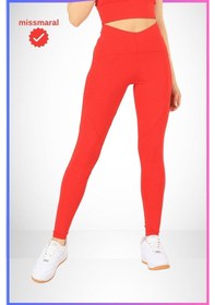 Resim Missmaral Slim Fit Tayt Yüksek Bel Toparlayıcı Kırmızı Spor Model Flatlock Dikiş Detaylı Oslo 1090 Kırmızı 