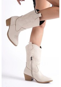 Resim Kadın Lori Krem Deri Melek Nakişli Fermuarli Western Kovboy Çizme Bot Krem 