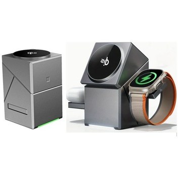 Geeroyoo Gri 3'lü Döner Masaüstü Tutucu İle Qi2 15w Manyetik Kablosuz Şarj Cihazı Gri