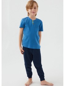 Resim Roly Poly 3045 Garson Dotted Mavi Erkek Çocuk Kısa Kol Pijama Takım 001 