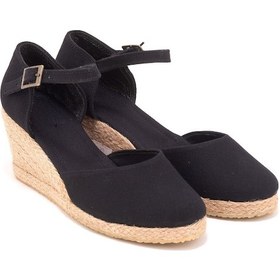 Resim Gerçek Elişi Topuğu Kapalı Bilekten Bantlı Keten Espadril Dolgu Topuk Handmade Siyah 