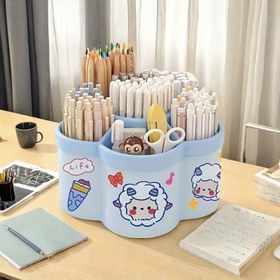 Resim 360 ° Dönen Masa Organizatörü ile 6 Yuva - Büyük Kapasiteli Sevimli Hayvan Tasarımı Kalem Tutucu, Ofis ve Okul Malzemeleri için 4 Renk, Ücretsiz Çıkartmalar Dahil 