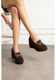 Resim Zenne Shoes Dolgu Topuklu Tokalı Kadın Ayakkabı Kahverengi 