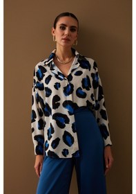 Resim Sateen Renkli Leopar Desenli Salaş Gömlek - Sax Mavi Saks 