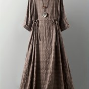 Resim Kadınlar İçin Şık Rayon-Keten Karışımı Ekose Uzun Kollu Yuvarlak Yaka Fırfır Etekli Ayarlanabilir Bel Bağcıklı Maxi Elbise - Makinede Yıkanabilir İlkbahar Yaz Günlük ve Semi-Resmi Kıyafet, Çok Yönlü Gardırop Esansiyeli, Akıcı Siluet, Rahat Kesim, Moda Bilincine Sahip Kadınlar 