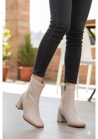 Resim Fort 1195 Uraz Rahat 6 Cm Kalın Topuk Yüksekliği Kut Burun Kadın Bot Bej 