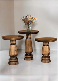 Resim AYLESA Doğal Ahşap 3’lü Set Mantar Yan Sehpa Modern Ceviz Renk Fiskos Zigon Çiçeklik 