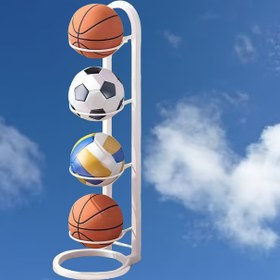 Resim Çok Amaçlı Top Saklama Rafı - Dayanıklı Demir, Basketbol & Futbol Topları için Çoklu Spor Organizatörü, Kolay Kurulum, Beyaz/Siyah 