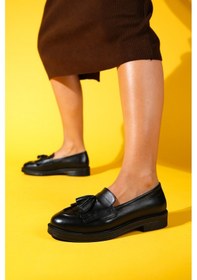 Resim Milina Siyah Cilt Püsküllü Hakiki Deri Kadın Loafer Ayakkabı Siyah 