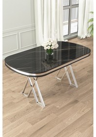 Resim Canisa Lai Serisi 90x168 Lak Panel Sonata Krom Ayak Masa Takımı 6 Antrasit Sandalye Masa Siyah Mermer Sandalye Antrasit Krom Detay 