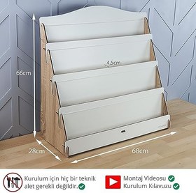 Resim Lucky Montessori Ahşap Çocuk Odası 4 Raflı Kitaplık (Meşe - Beyaz) 