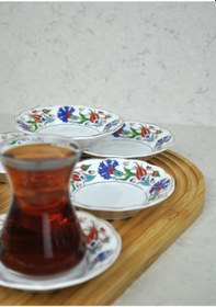Resim 6'lı Porselen Çay Tabağı Lale Motifli Osmanlı Deseni Beyaz - mavi 