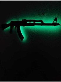 Resim Ak47 Silah Led Işıklı Ahşap Tablo 55x30cm Yeşil, ak4712 
