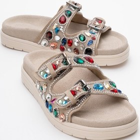 Resim Luvi Shoes Jules Bej Süet Hakiki Deri Çift Bantlı Renkli Taşlı Kadın Terlik Bej 