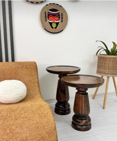 Resim AYLESA Doğal Ahşap 2’li Set Mantar Yan Sehpa Modern Ceviz Renk Fiskos Zigon Çiçeklik 