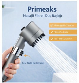 Resim Masajlı Filtreli Duş Başlığı 3 Fonksiyonlu Arıtmalı Su Kesme Düğmeli Antrasit 