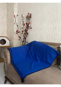 Resim Püsküllü Çoban Dikişli Tek Kişilik Polar Battaniye 150x180 Cm Mavi 