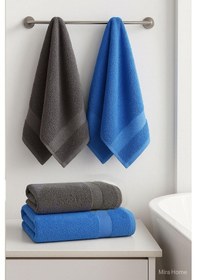 Resim 4 Parça Banyo Havlu Takımı %100 Pamuklu Dry Antrasit Mavi 
