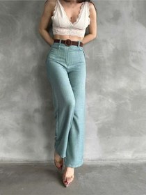 Resim Tane Tasarım Kadın Yazlık Trend Beli Kemerli Keten Pantolon Yeşil Yeşil 